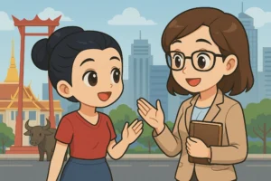 Two smiling women greet each other on a city street, with one holding a notebook and temple-style buildings in the background.