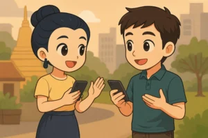 Cartoon boy and girl smiling and talking while holding smartphones in a park with a pagoda in the background.
