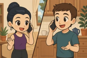 Cartoon woman and man in a kitchen, each holding a phone and smiling during a conversation.
