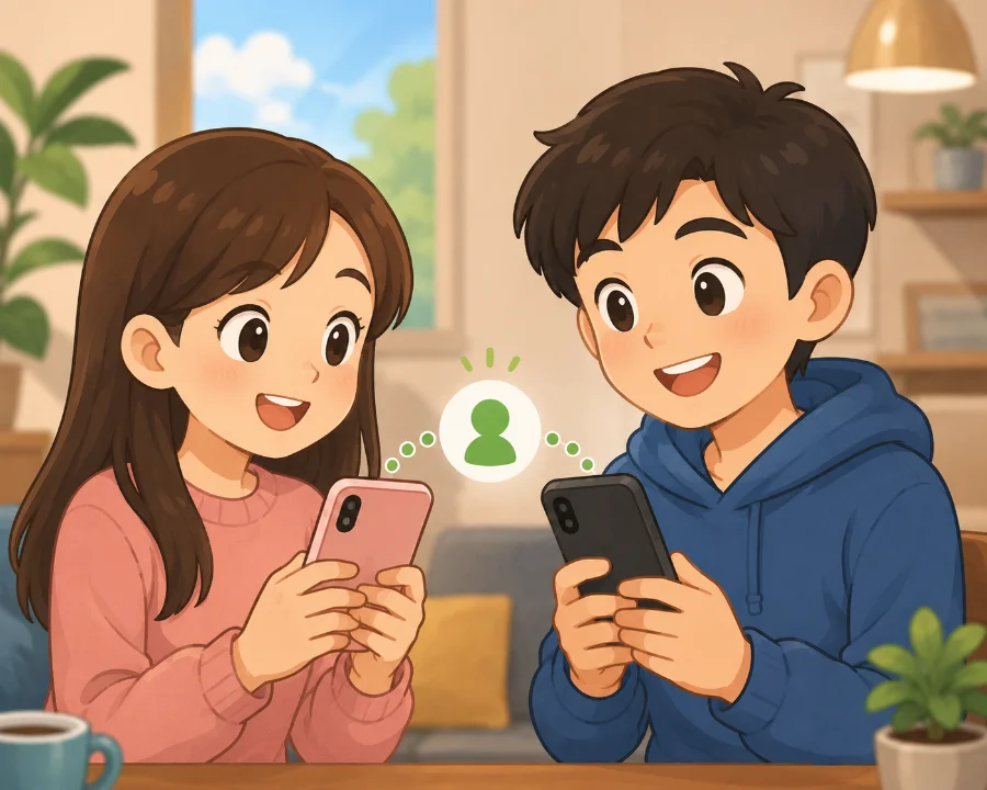 A smiling young woman and man sit indoors holding smartphones and looking at their screens, with a social connection icon between them.