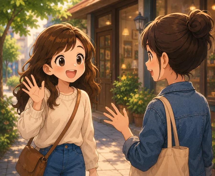 Two smiling girls with shoulder bags wave at each other outside a shop on a sunny street.