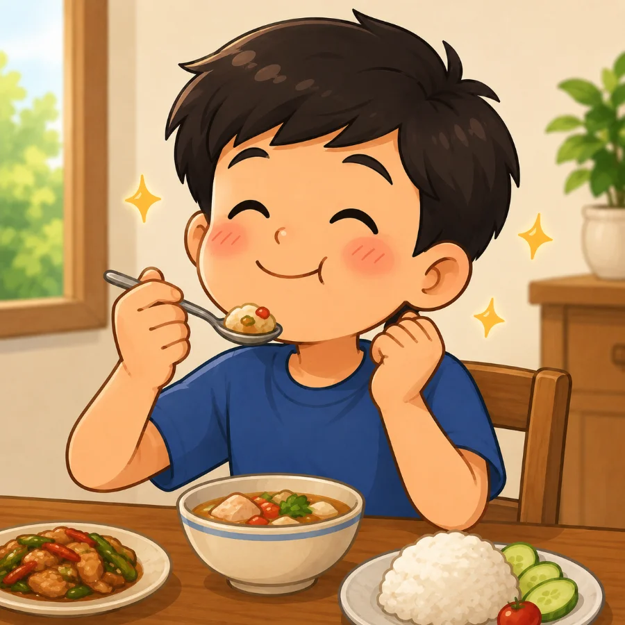 Smiling boy in a blue shirt eating from a spoon at a dining table with bowls of rice and soup and a plate of vegetables nearby.