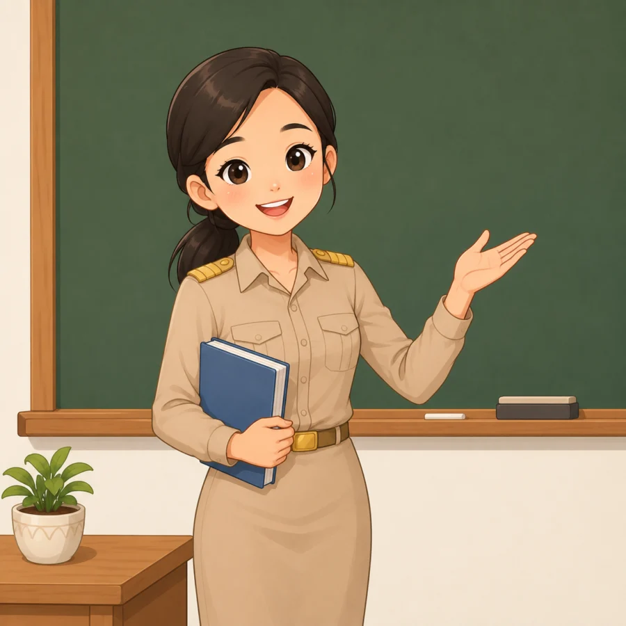Smiling woman in a beige uniform stands in front of a chalkboard, holding a blue book and gesturing with one hand.